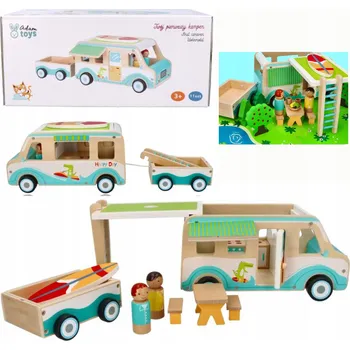 Dřevěná hračka KAMPER DREWNIANY DLA LALEK CAMPER OBYTNÝ VŮZ, DŘEVĚNÉ AUTÍČKO S DŘEVĚNÝMI DOPLŇKY