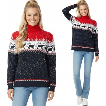 Dámské oblečení Dámský vánoční rolák norský vzor se soby červeno-modrý XS