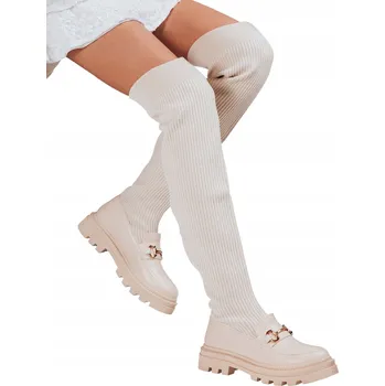 Dámské kozačky Bežové dámské kozačky nad koleno, nazouvací, styl "ponožka" ZY1323 - 39