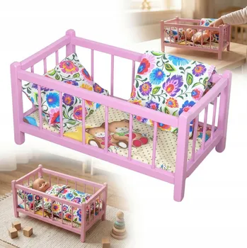 Doplněk pro panenku Dřevěná postýlka pro panenky RŮŽOVÁ s matrací a povlečením v loveckém vzoru