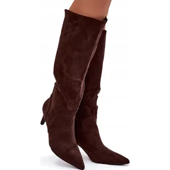 Dámské kozačky DÁMSKÉ KOZAČKY NA JEHLOVÉM PODPATKU Z EKO SEMIŠE, NAZOUVACÍ, ZATEPLENÉ, ČOKOLÁDOVÉ, VELIKOST 40