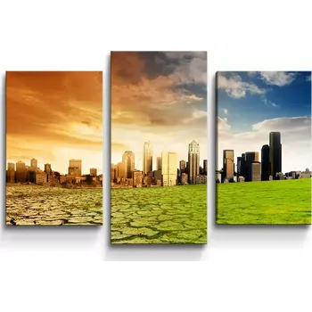 Obraz Sablio Obraz - 3-dílný Vyprahlá zem před mrakodrapy - 75x50 cm