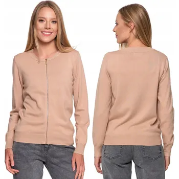Dámský svetr DÁMSKÝ SVETR BOMBER ROZEPÍNACÍ KLASICKÝ NA ZIP BÉŽOVÁ L/XL