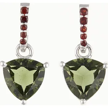 Náušnice My Moldavite Stříbrné náušnice s vltavíny a granáty- srdce 283G-2