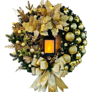 Věnec Vánoční dekorace zlatý věnec s lampou 40 cm Závěsný ozdobný věnec se světelnou lampou Elegantní třpytivá vánoční výzdoba na dveře i stěny