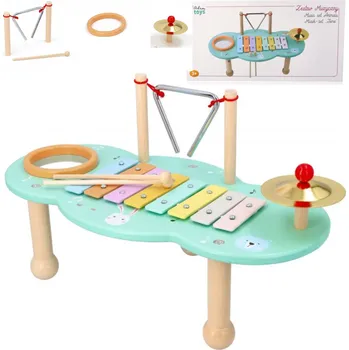 Hudební nástroj pro děti STOLIK Z INSTRUMENTAMI MUZYCZNYYMI Hudební stolek s nástroji: xylofon, bubínek, činel, trojúhelník, paličky