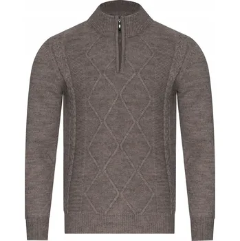 Pánské oblečení Pánský svetr s polovičním rolákem - 8157 LIGHT BROWN vlněný teplý klasický na zip