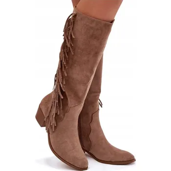 Dámské kozačky KOZAČKY KOVBOJSKÉ BOTY DÁMSKÉ Z EKO SEMIŠE NÍZKÝ PODPATEK S TŘÁSNĚMI KHAKI 36