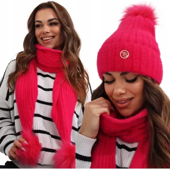 Čepice SADA: ČEPICE A ŠÁLA ALPAKA, TEPLÁ, NEONOVĚ RŮŽOVÁ 2513