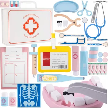 Dřevěná hračka Lékařská sada MalPlay dřevěná, vícebarevná, 53 dílů, 3+