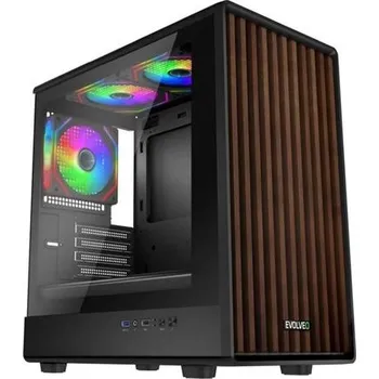 PC skříň EVOLVEO Panthera, skříň mATX, 3x ARGB ventilátor 120mm, dřevěný přední panel + skleněná bočnice