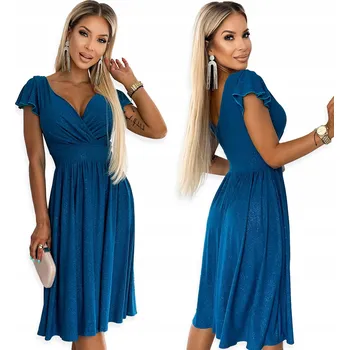 Dámské šaty 425-5 MATILDE Šaty s výstřihem a rukávy - MOŘSKÁ se třpytkami , L