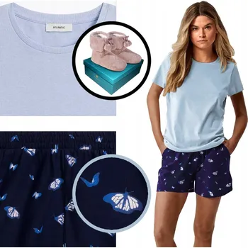 Dámské pyžamo Vánoční sada ATLANTIC dámské pyžamo modré vel L + teplé papuče