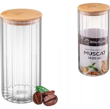 Dóza na potraviny Skleněná nádoba s bambusovým víkem, ryhovaná, 1,4 l na kávu, čaj, cukr