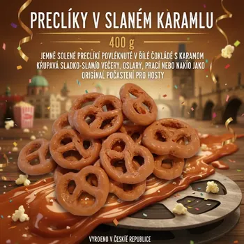 Čokoládová tyčinka Preclíky ve slaném karamelu 400 g – solené preclíky v bílé čokoládě s karamelem (Solené preclíky v bílé čokoládě se slaným karamelem)