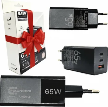 Trojitá rychlonabíječka MAGNEPOL 65W GaN USB C A černá síťová nabíječka