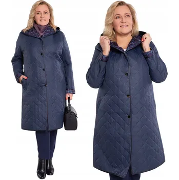 Dámský kabát Tmavě modrý prošívaný kabát s kostkovanou podšívkou, velikost 52