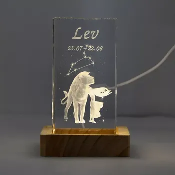 Kosmetická sada 3D znamení - LEV - dárková SADA s LED podstavcem (Laserované 3D znamení ve skleněném hranolu 60x60x110)