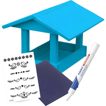 Krmítko pro ptáka Přírodně a zdravě VÝHODNÝ SET - Dřevěné krmítko modrá, lakový fix, předloha