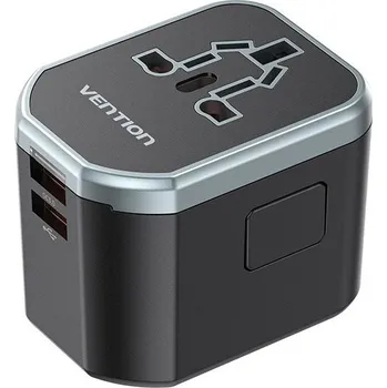 Mobilní telefon Nabíječka do sítě Vention 3-Port USB (C + A + A) Universal Travel Adapter (20W/18W/18W) Black