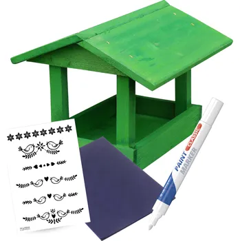 Krmítko pro ptáka Přírodně a zdravě VÝHODNÝ SET - Dřevěné krmítko zelená, lakový fix, předloha