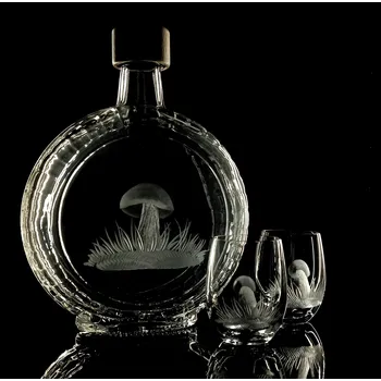 Sklenice dárek pro houbaře, lahev 700ml + 2ks likér s kozákem - ručně ryté (broušené) dárková krabička, dárek pro houbaře