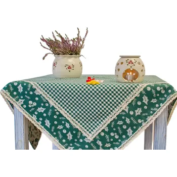 Vánoční napron - ubrus tmavě zelený kanafas a žakár s krajkou Vzor kanafasu: Kostky 5x5mm, Napron rozměr: 90x90cm