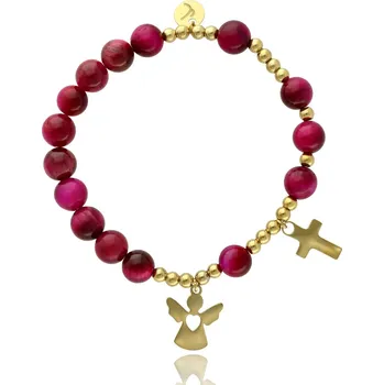 Přívěsek Yvon Dámský růženec z růžového tygřího oka se zlatou symbolikou