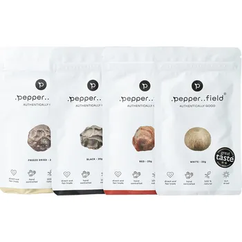 Koření Kampotský pepř černý, červený, bílý a zelený lyofilizovaný – pepřový kompletní starterpack (4× 20 g)