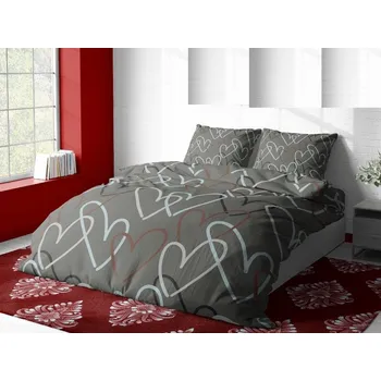 Povlečení Flanelové povlečení Srdce šedé 140 x 200, 70 x 90 cm knoflíky