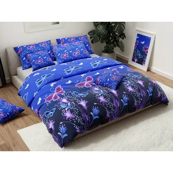 Povlečení Textilomanie Bavlněné povlečení fialový motýl tmavě modré 140 x 200, 70 x 90 cm zipový uzávěr