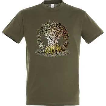 Pánská móda panske-levne-bavlnene-tricko-digi-potisk-keltsky-strom Barva: Khaki, velikost: L