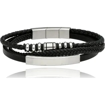 Náramek Yvon Pánský víceřadý náramek z černé kůže a chirurgické oceli 316L