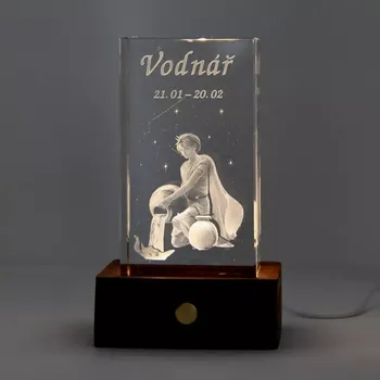 Kosmetická sada 3D znamení - VODNÁŘ - dárková SADA s LED podstavcem (Laserované 3D znamení ve skleněném hranolu 60x60x110)