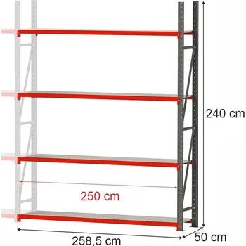 Dílenský regál Regalydoskladu Kovový skladový regál se 4 policemi FORTIS 240x258,5x50 cm, přídavný modul