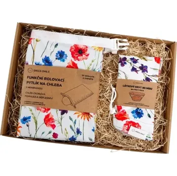 Svačinový box Green Smile Dárkové balení (kapsa na chleba + krytka na ošatku) – Máky na louce