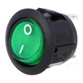 vypínač ROCKER; SPST; pol: 2; OFF-(ON); 10A/250VAC; zelená; doutnavka; 230V