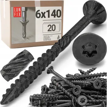 Vrut Tesařské vruty 6x140 do dřeva, černé, pozink TX30, kónické, 20 ks