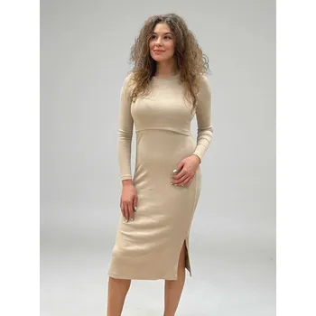 Těhotenské šaty Žebrované těhotenské a kojicí šaty Kristin – světle béžové, dlouhý rukáv Velikost: XL