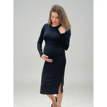 Těhotenské šaty Žebrované těhotenské a kojicí šaty Kristin – černé, dlouhý rukáv Velikost: M