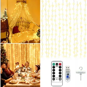 Vánoční dekorace SVĚTELNÝ ZÁVĚS NA OKNO 300 LED 3x3m SVĚTÝLKA TEPLÁ BÍLÁ + DÁLKOVÉ OVLÁDÁNÍ HÁČKY