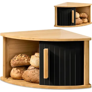 chlebník Bambusový chlebník rohový s posuvnými dvířky černý 29x29x20CM
