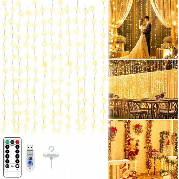 Vánoční dekorace SVĚTELNÝ ZÁVĚS LED světelný závěs 3x3m 300 LED USB dálkové ovládání + háčky TEPLÁ BÍLÁ