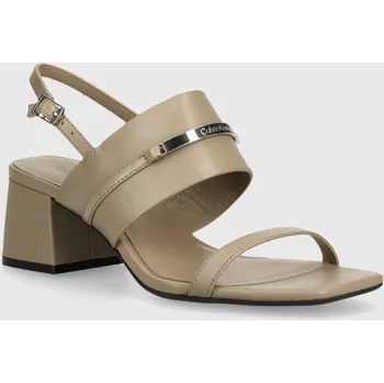 Dámská obuv Kožené sandály Calvin Klein HEEL SANDAL 45 MET BAR LTH HW0HW02056 béžová 12X, EUR 39