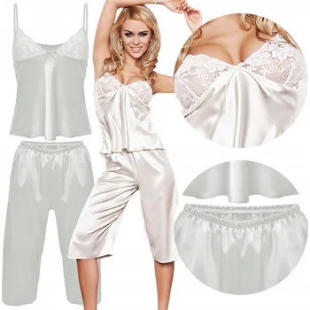 Dámské noční prádlo EMMA DKaren saténové pyžamo – 3/4 kalhoty *XL* ECRU (krémová)