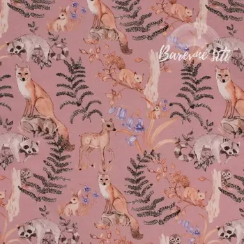 Úplet Lesní zvířátka na růžové BIO (E) (Kvalitní úplet z Holandska)