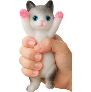 Figurka Mačkací Hračka Senzorický Měkký Kočička Ležící Srst Bílo-šedá 13 x 6,5 cm