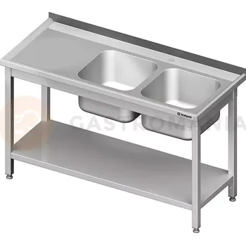 Nerezový dřez Ocelový stůl s policí a dvoukomorovým dřezem vpravo, montovaný, lisovaná deska, 1200 x 600 x 850 mm | STALGAST, 613726