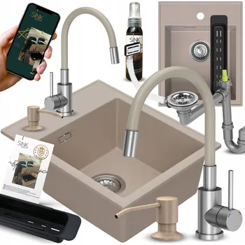 Granitový dřez GRANITOVÝ DŘEZ 50 BÉŽOVÝ S ODKAPÁVAČEM + BATERIE + DÁVKOVAČ NA JAR 13V1