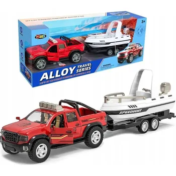 autíčko KOV AUTO TERÉNNÍ PICKUP + PŘÍVĚS A LOĎ MOTOROVÝ ČLUN ZVUK SVĚTLO